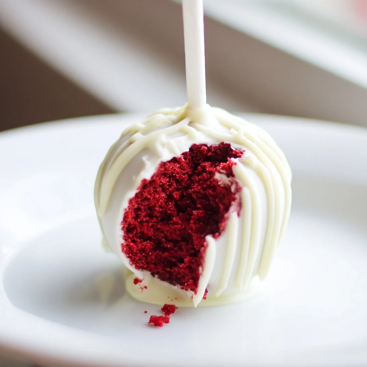 Close-up of a red velvet cake pop with white chocolate drizzle, showing a smooth texture and rich crimson crumb inside.