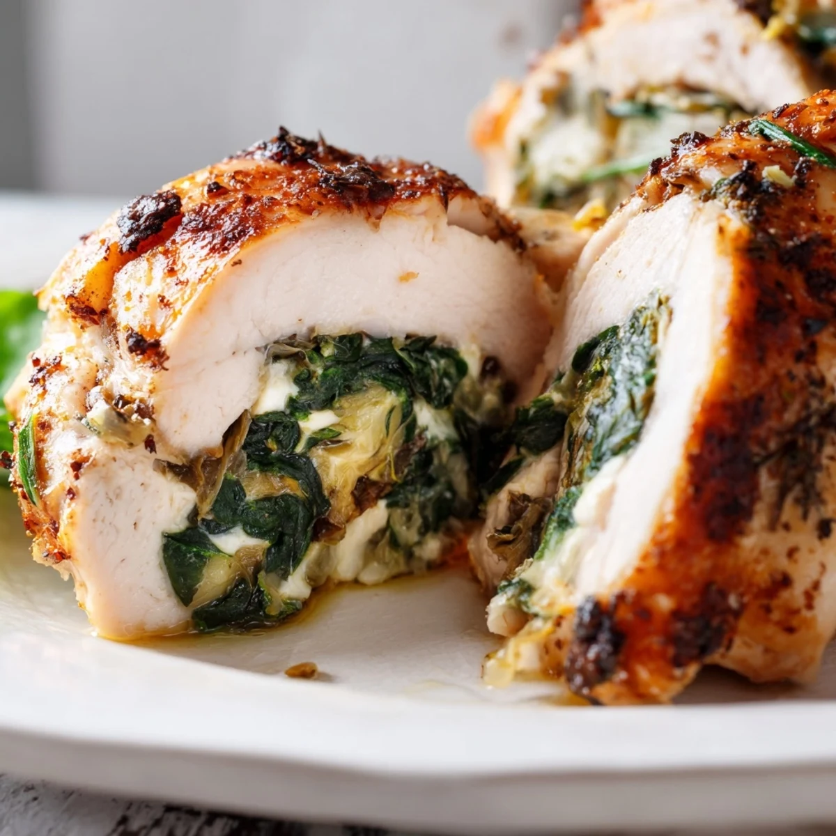 Baked Creamy Spinach and Artichoke Stuffed Chicken breasts, golden brown with melted cheese oozing from the side.