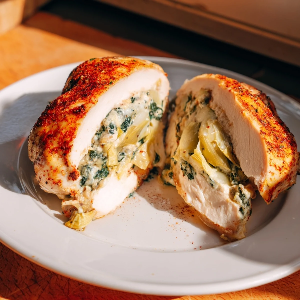 Golden-baked Creamy Spinach and Artichoke Stuffed Chicken resting on a plate, garnished with fresh parsley.
