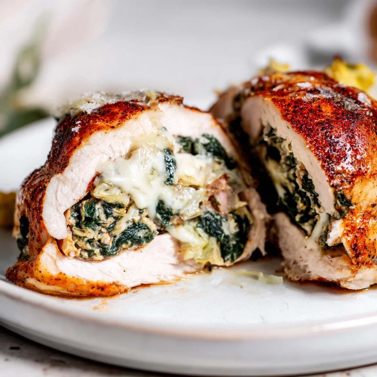 Tender stuffed chicken breasts filled with creamy spinach, artichoke, and cheese, ready to serve for dinner.