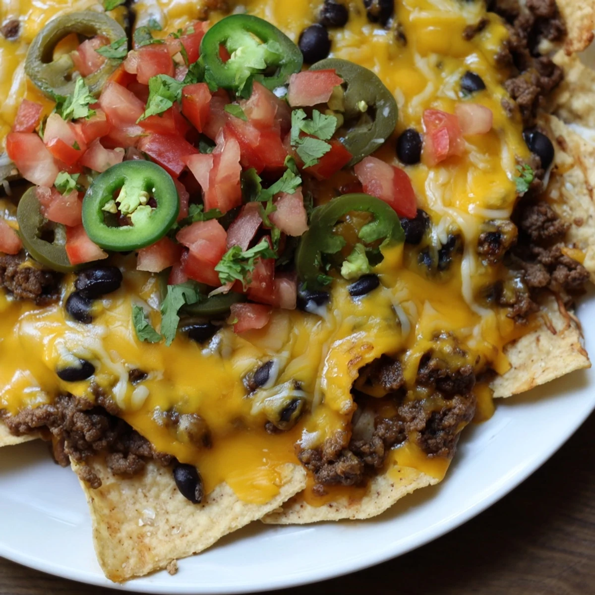 Golden-brown, melted cheddar and Monterey Jack cheese blankets crispy tortilla chips loaded with seasoned beef and black beans, topped with fresh cilantro and green onions for game day.  
