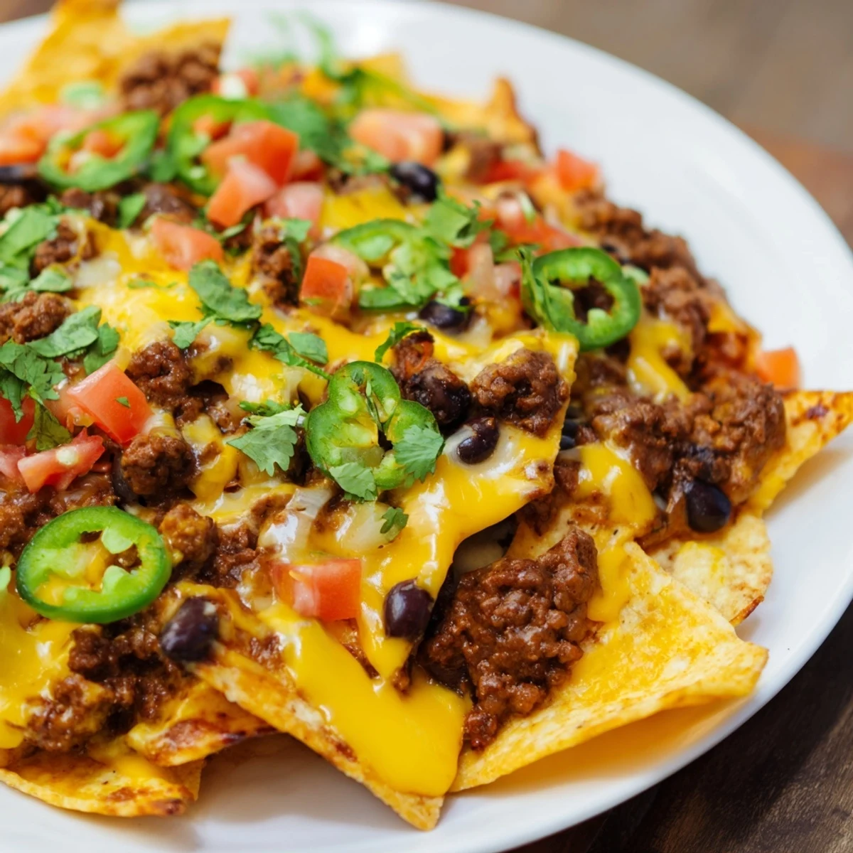A close-up of oven-baked Super Bowl Loaded Nachos with beef and beans, garnished with jalapeños, olives, and lime wedges ready for dipping.