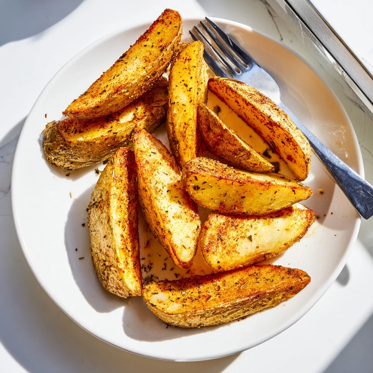 A platter of Crispy Oven Baked Potato Wedges served with ketchup and fresh parsley garnish.