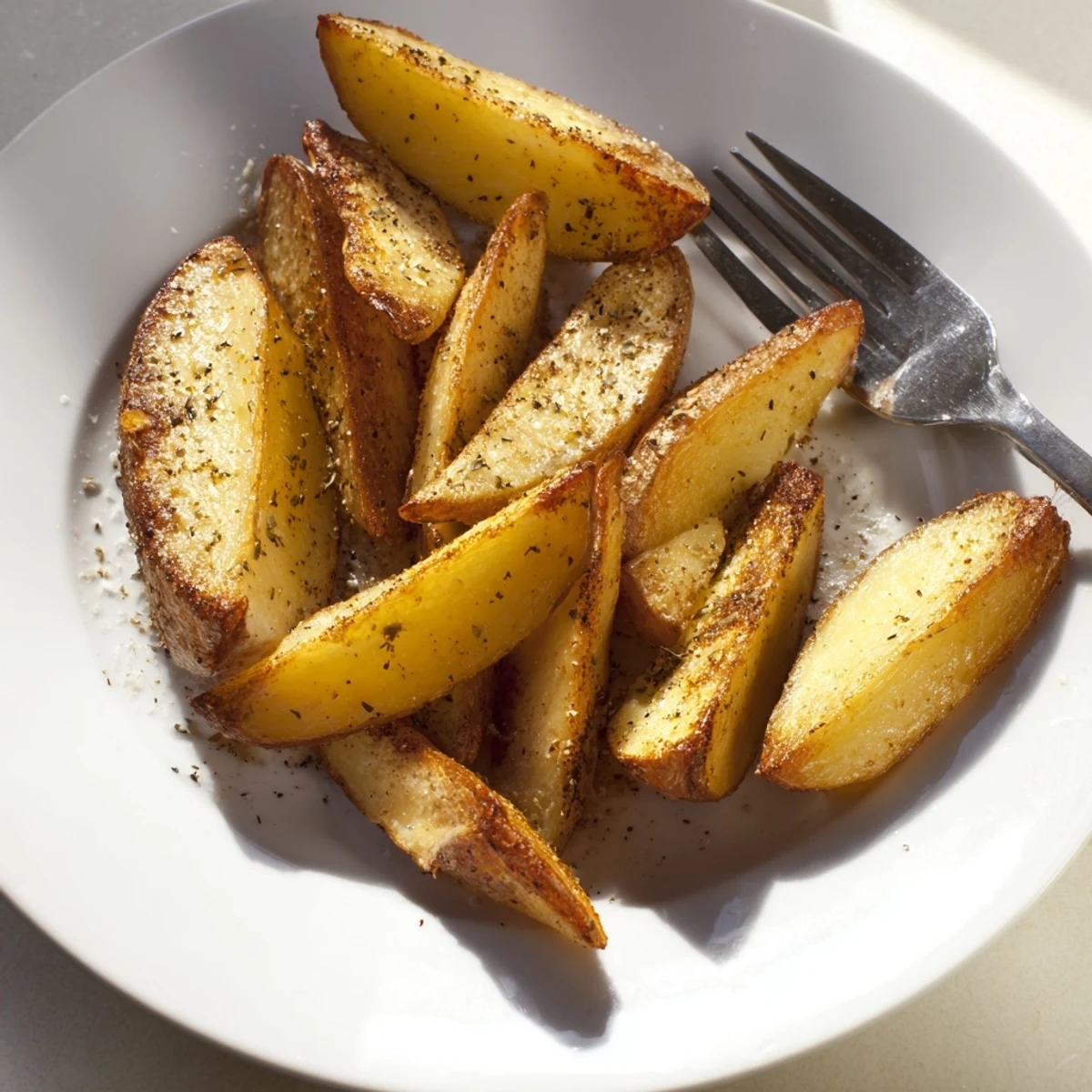 Close-up of Crispy Oven Baked Potato Wedges showing fluffy interiors and crunchy, golden edges.