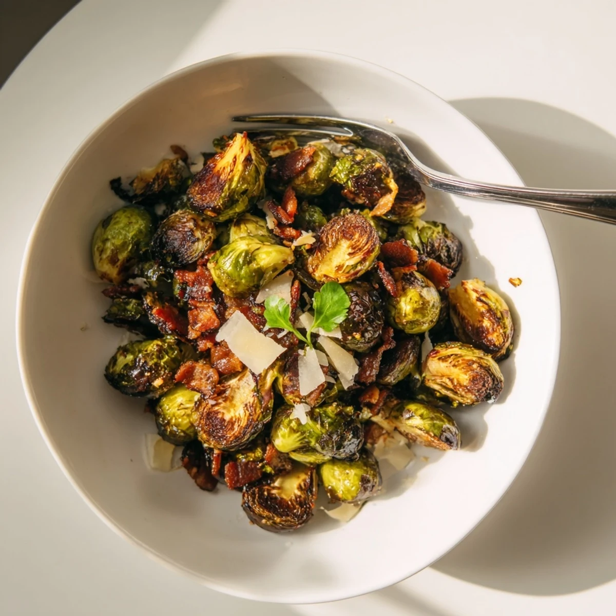 Golden brown Brussels sprouts with crispy turkey bacon and fresh parsley on a rustic serving platter.  