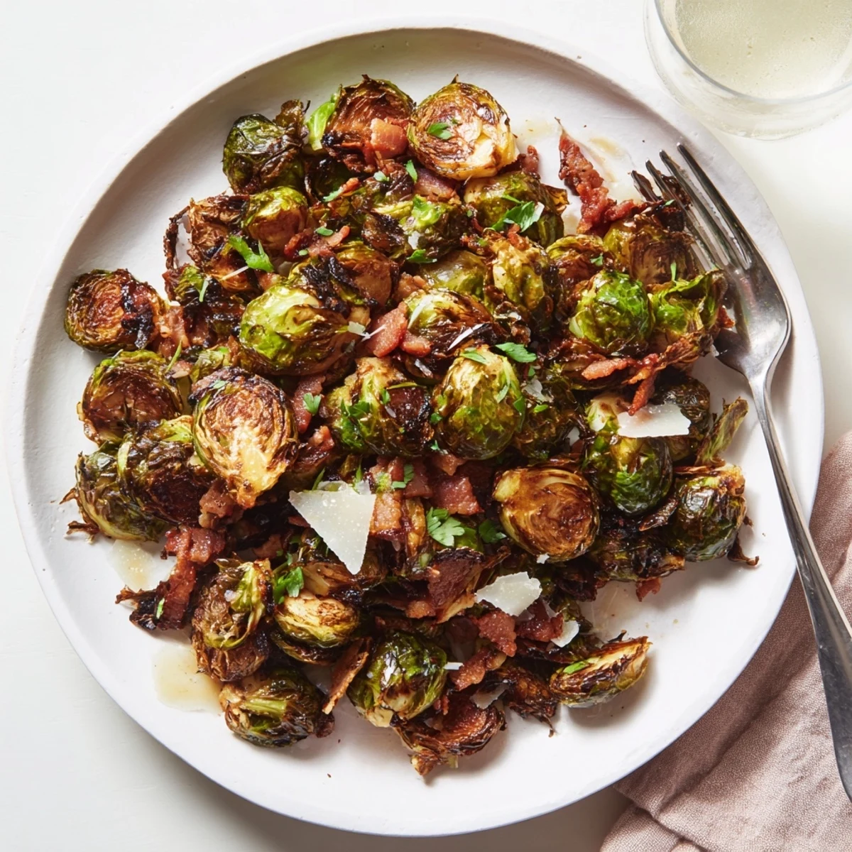 Crispy roasted Brussels sprouts tossed with savory turkey bacon, served hot as a healthy side dish.  