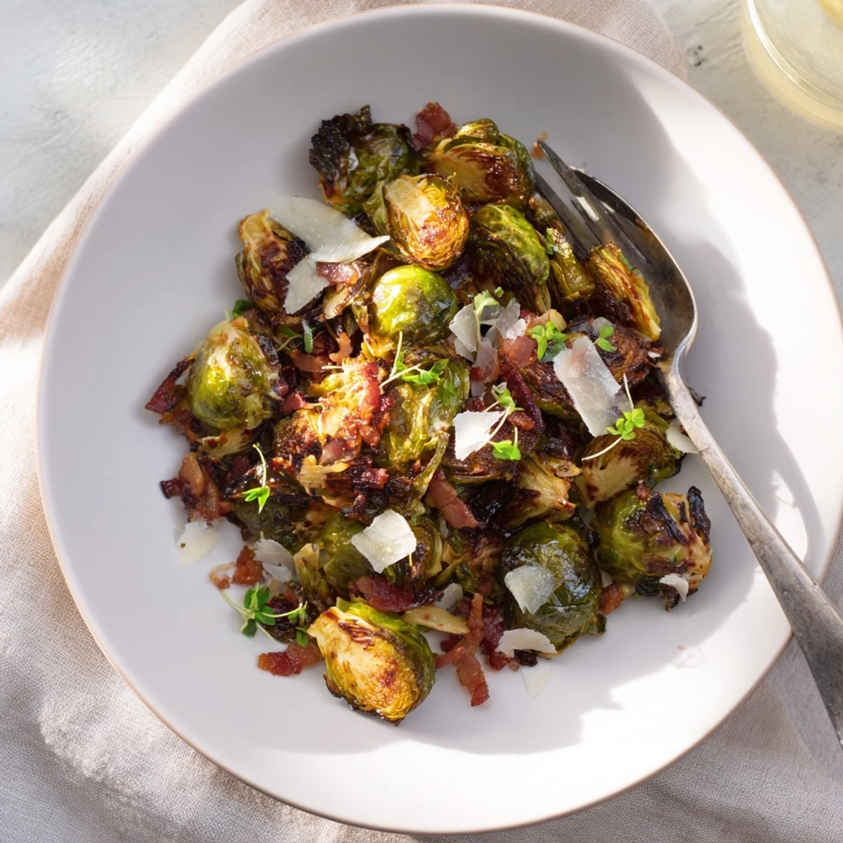 A close-up of roasted Brussels sprouts with chopped turkey bacon and optional Parmesan cheese garnish.