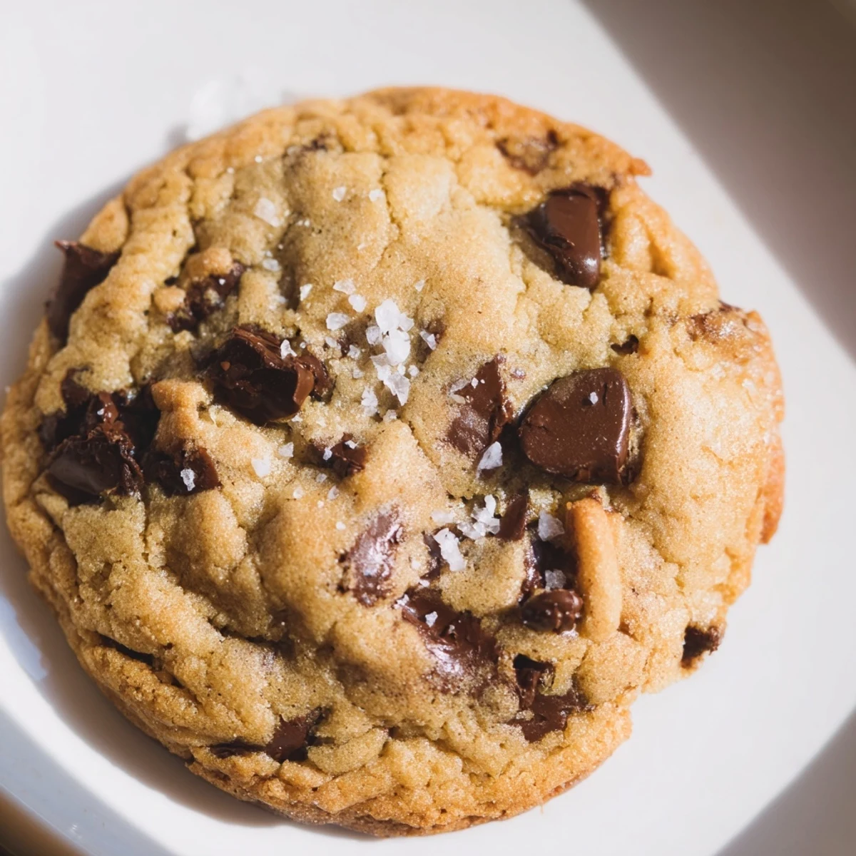 A close-up of Chocolate Chip Cookies with Sea Salt, showing golden edges and gooey chocolate centers on a cooling rack.  