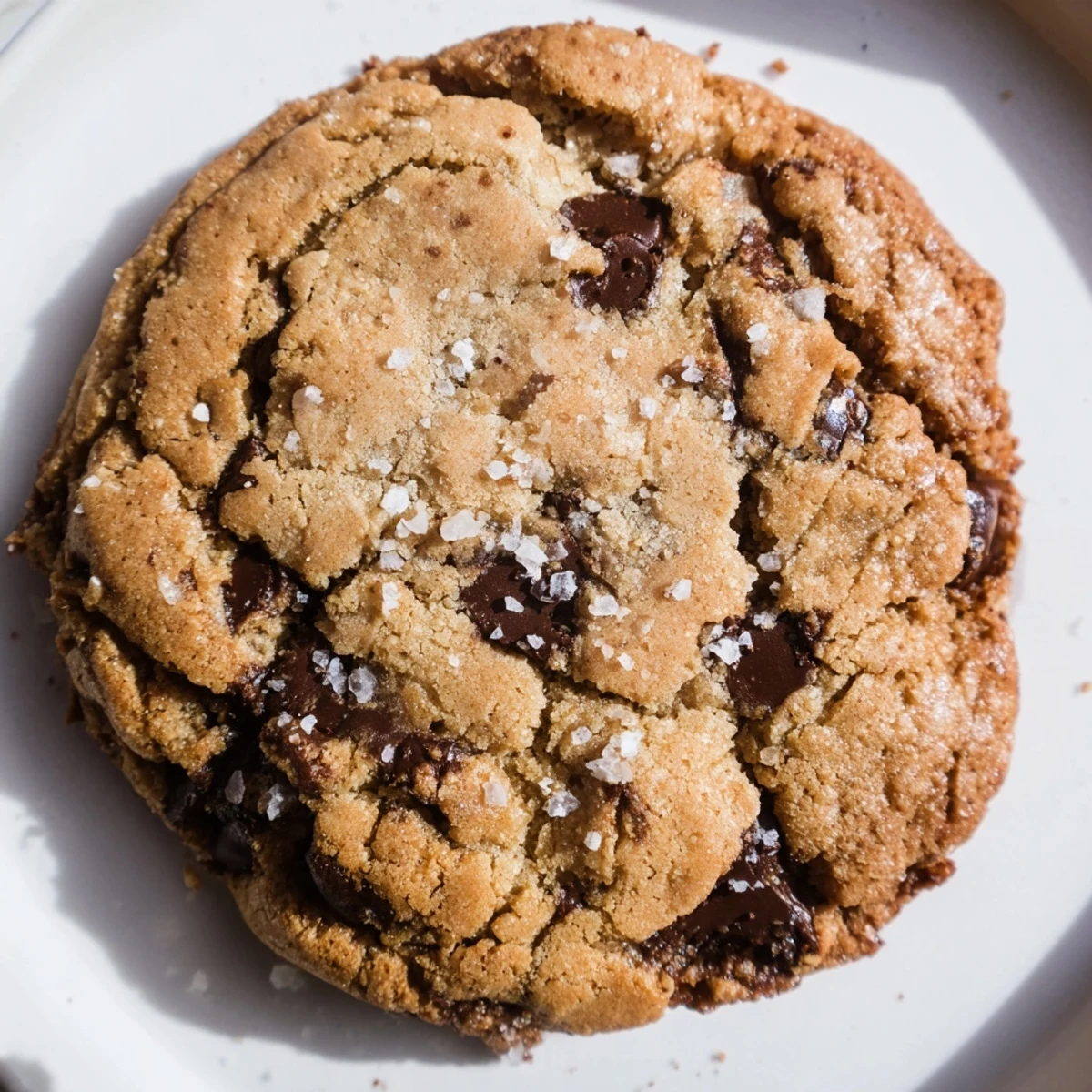 A hand reaching for a freshly baked Chocolate Chip Cookies with Sea Salt, revealing a soft, chewy interior.