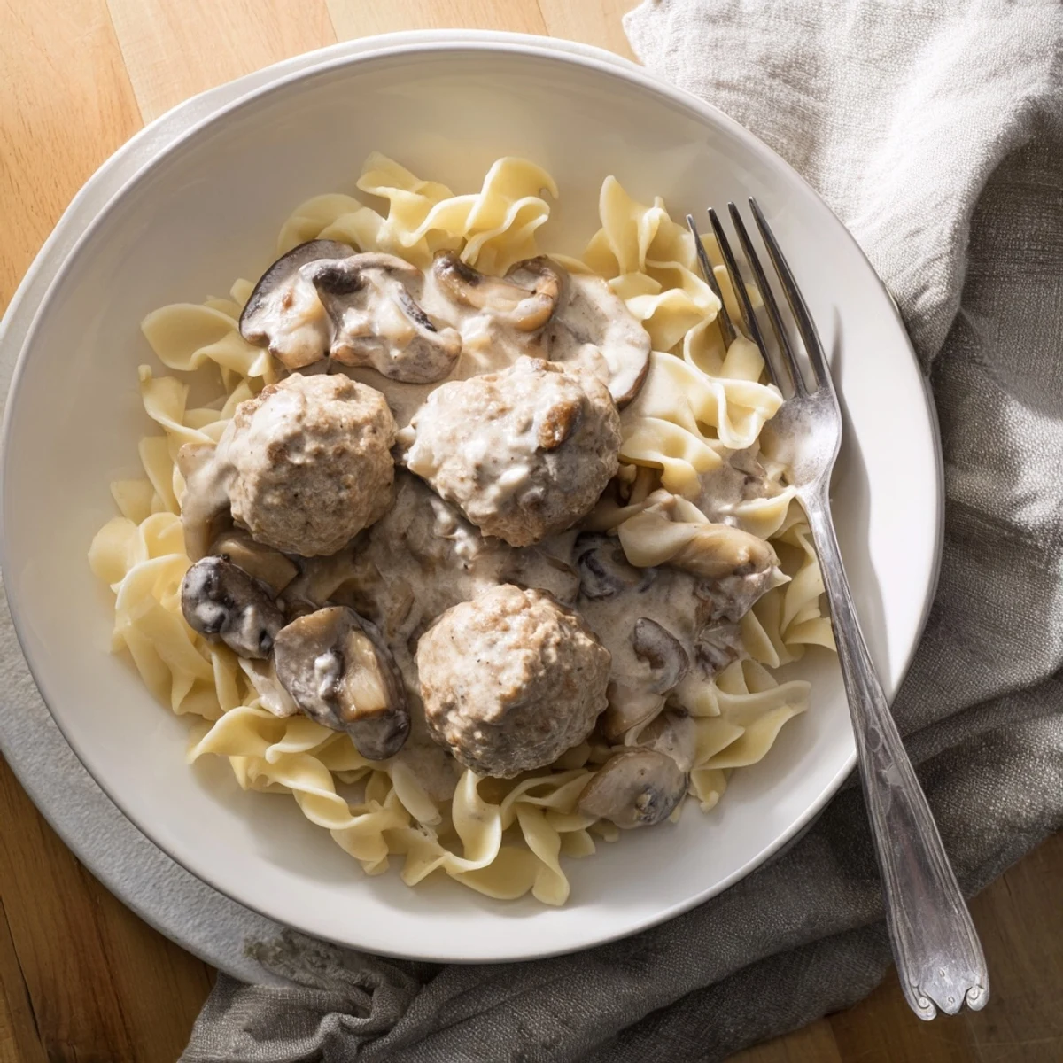 Family-style Turkey Meatball Stroganoff over Noodles, featuring juicy meatballs and rich sauce ready for a comforting weeknight dinner.