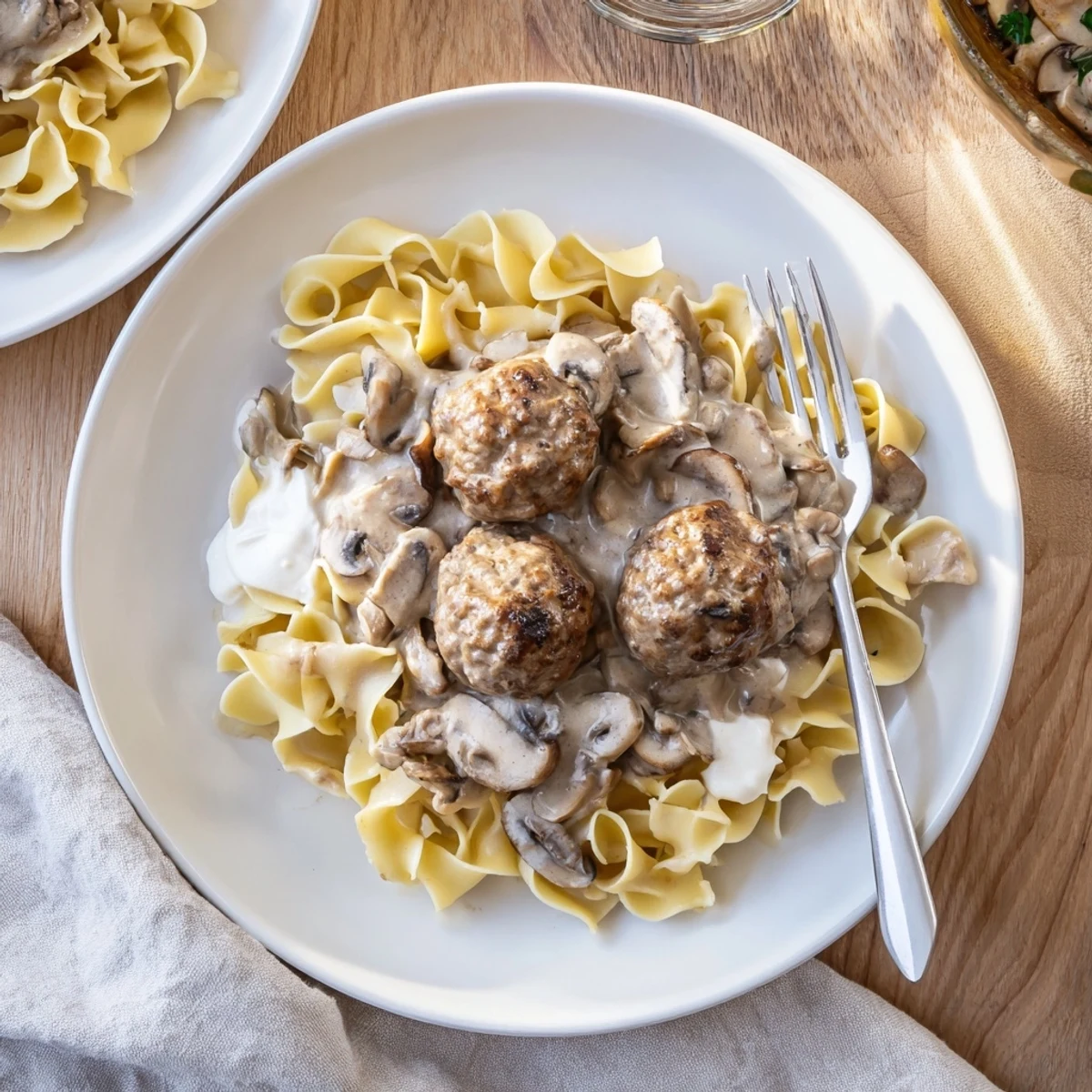 Close-up of Turkey Meatball Stroganoff over Noodles, showcasing the velvety mushroom sauce coating each noodle and savory meatball.