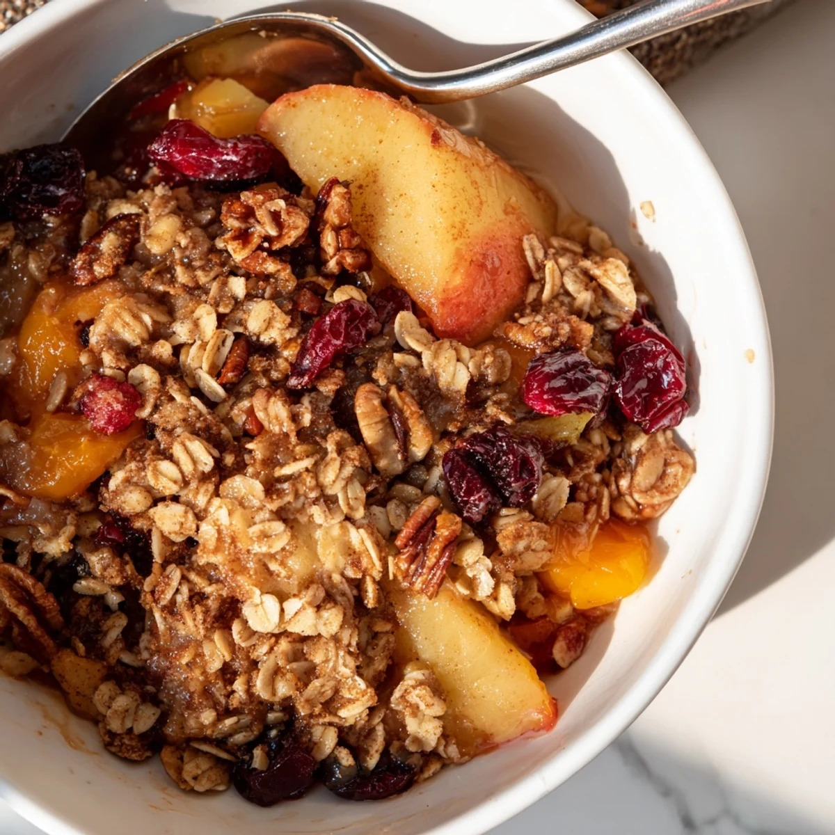 Freshly baked Winter Fruit Crisp with a golden oat crumble topping, featuring sliced apples, pears, and tart cranberries from the oven.