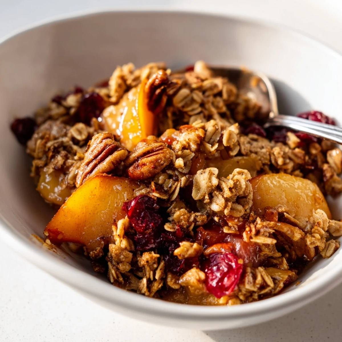 Rustic Winter Fruit Crisp served in a dish, bubbling fruit filling visible beneath a crunchy oat and walnut topping.