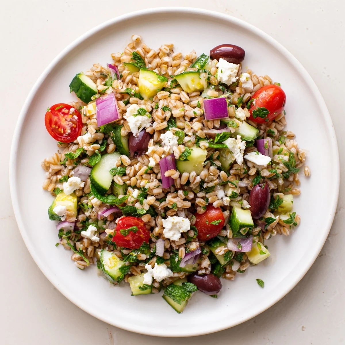 A vibrant Mediterranean farro salad with crisp cucumber, juicy tomatoes, briny feta, and fresh herbs, tossed in a zesty lemon-herb dressing.