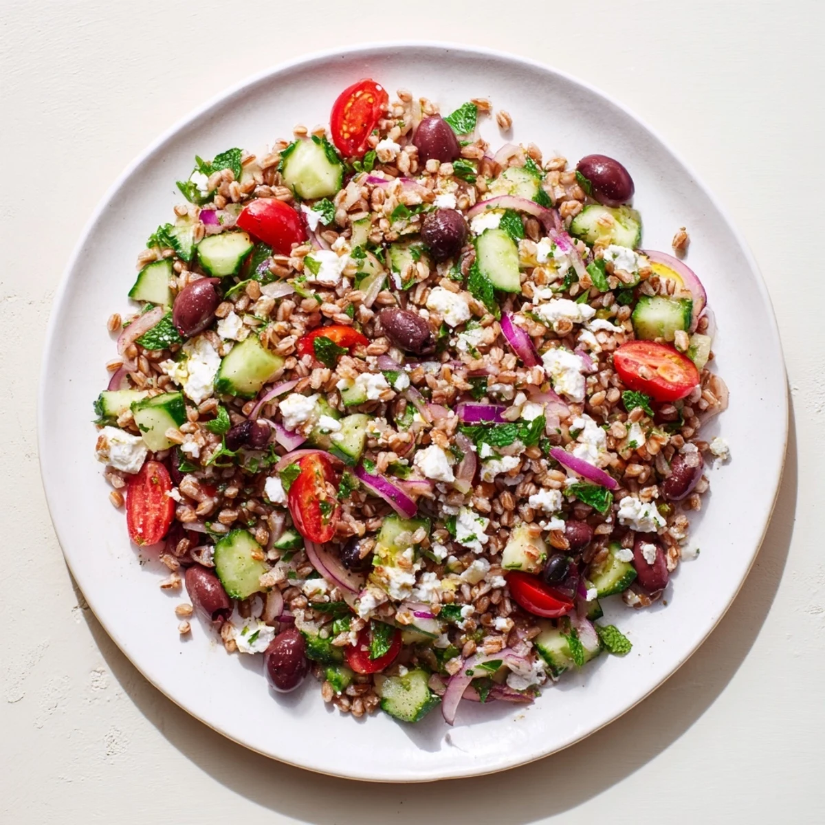 Wholesome Mediterranean farro salad served in a white bowl, featuring cherry tomatoes, Kalamata olives, and crumbled feta for a fresh lunch.