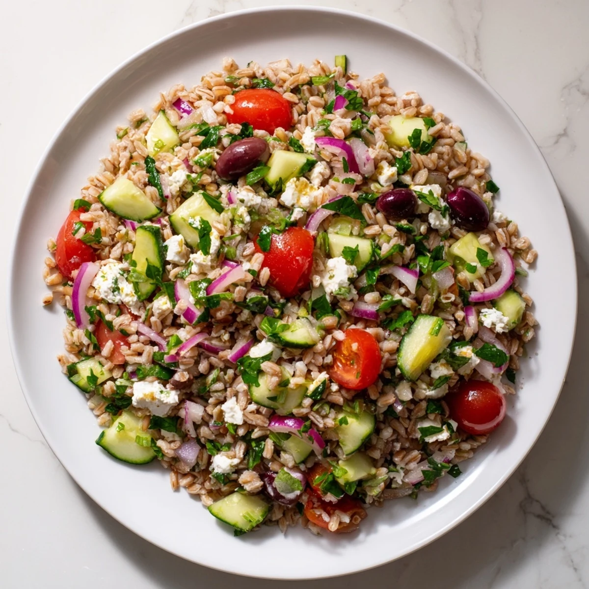 Mediterranean farro salad garnished with parsley and mint, perfect as a light main dish or flavorful side for a summer picnic.