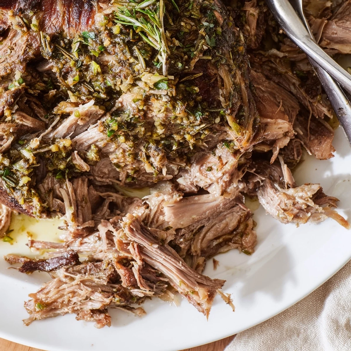 Aromatic slow cooked lamb shoulder with garlic herbs, surrounded by vegetables and ready for mashed potatoes or crusty bread.