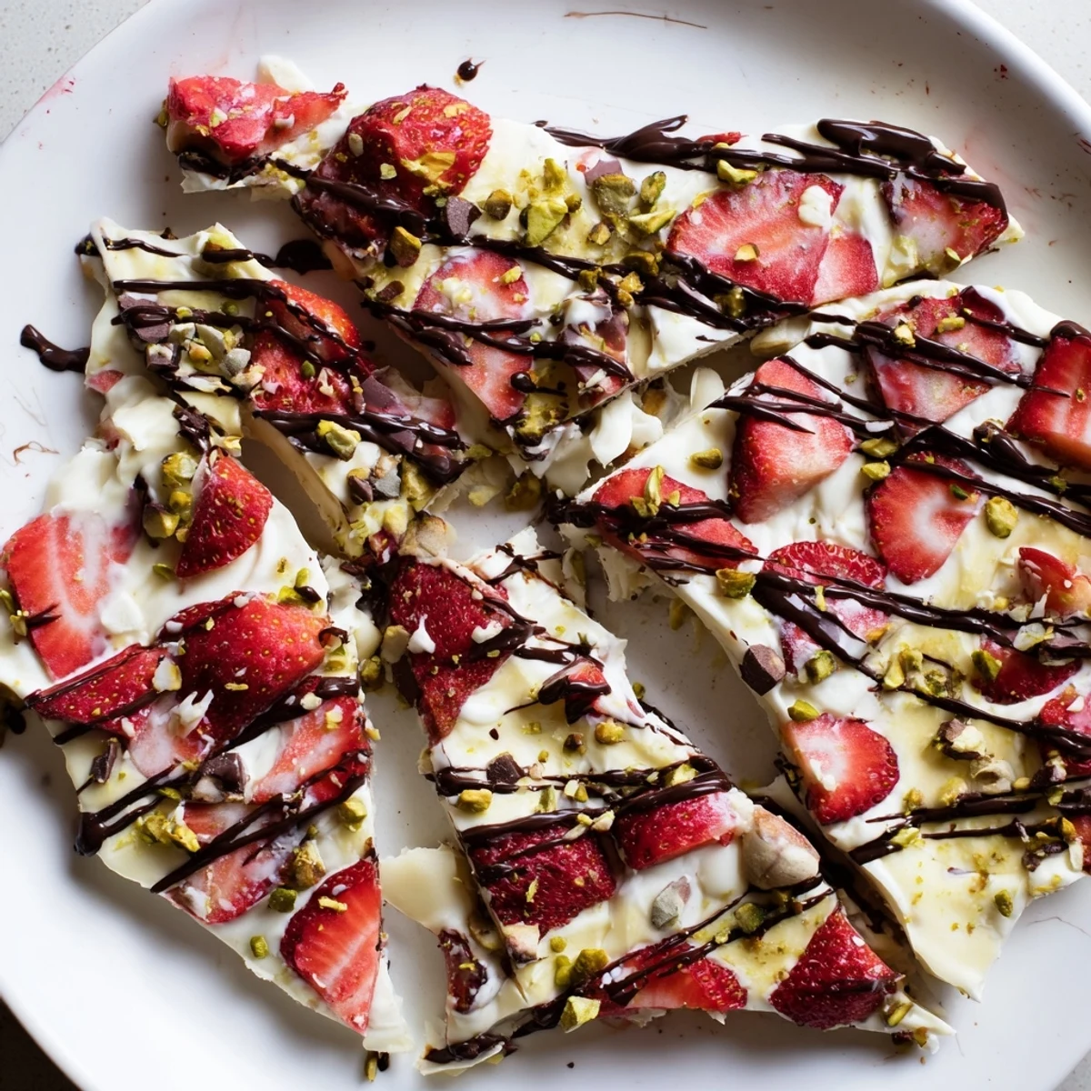 Frozen Chocolate Covered Strawberry Yogurt Bark with fresh berry slices and chocolate drizzle on chilled yogurt.