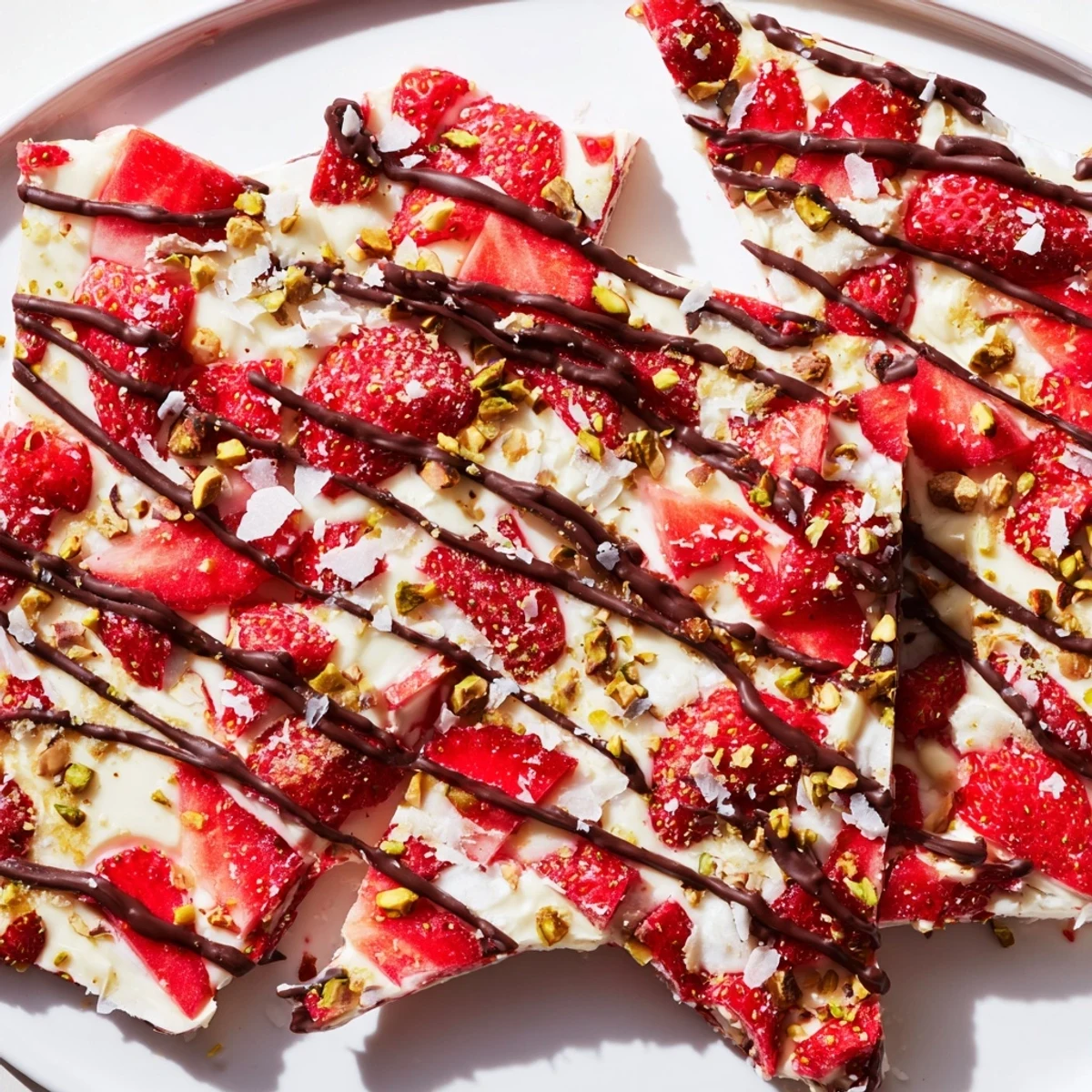 Cracked frozen bark pieces show creamy yogurt, sliced strawberries, and melted dark chocolate for a refreshing snack.