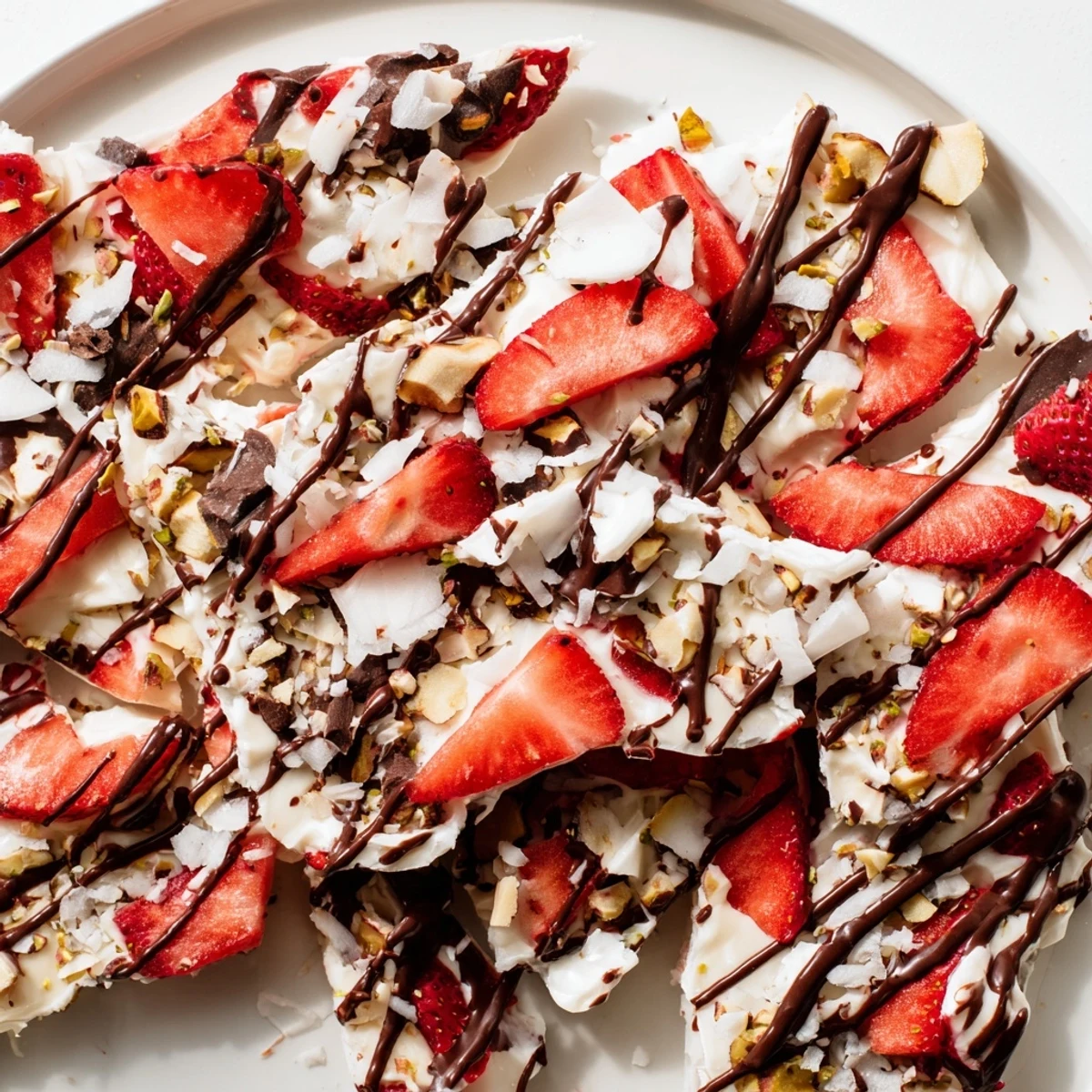 Dessert platter of Chocolate Covered Strawberry Yogurt Bark topped with chopped pistachios and coconut flakes.
