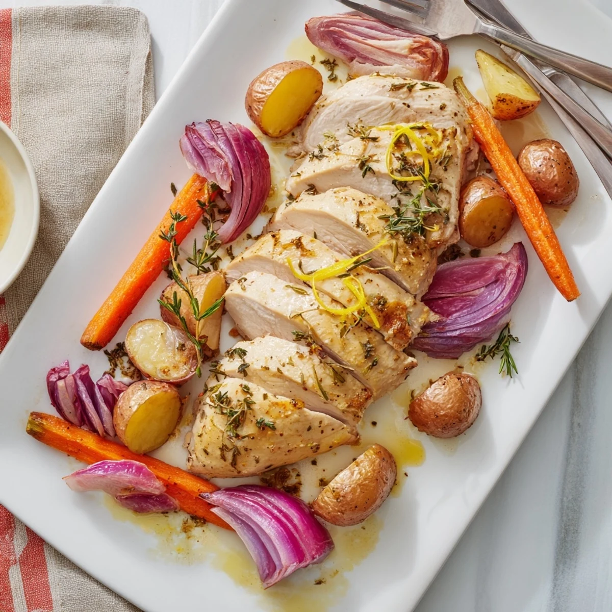 Golden brown Sheet Pan Lemon Herb Turkey Breast roasted with baby potatoes, carrots, and red onion, garnished with fresh thyme and rosemary on a rustic wooden table.