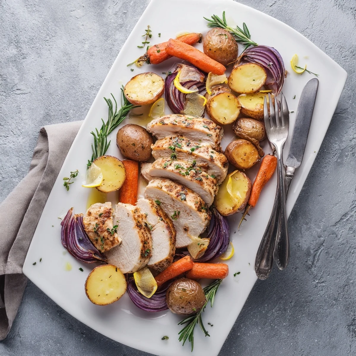 Juicy slices of Sheet Pan Lemon Herb Turkey Breast served alongside tender roasted vegetables, drizzled with pan juices for a wholesome, family-style dinner.