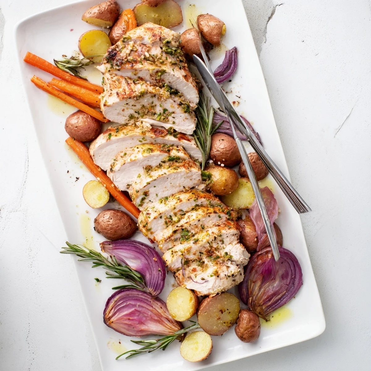 Freshly roasted Sheet Pan Lemon Herb Turkey Breast resting on a sheet pan with colorful carrots and potatoes, evoking a savory lemon and herb aroma.