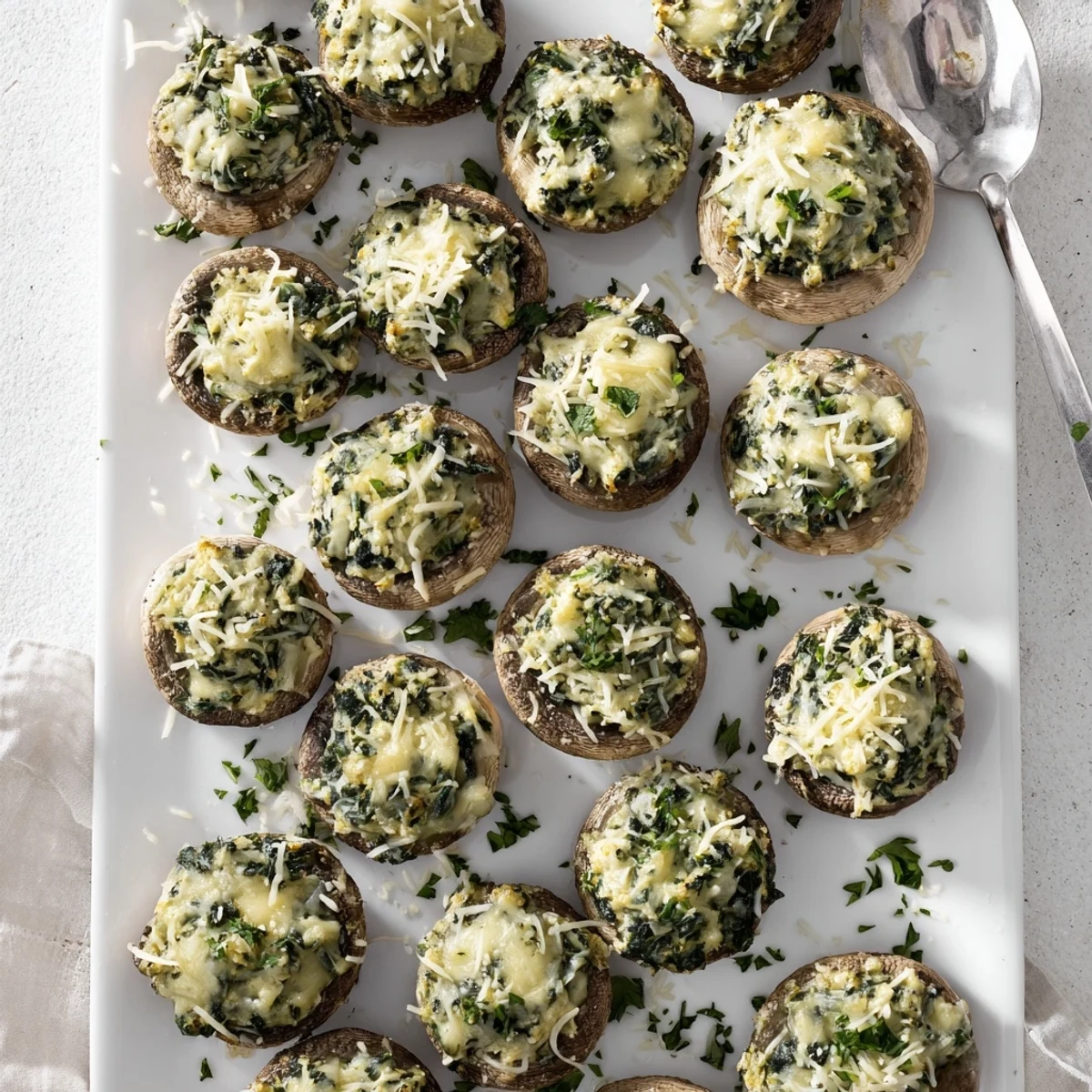 Golden-brown Cheesy Spinach and Artichoke Stuffed Mushrooms bubbling with melted mozzarella and Parmesan on a baking sheet.