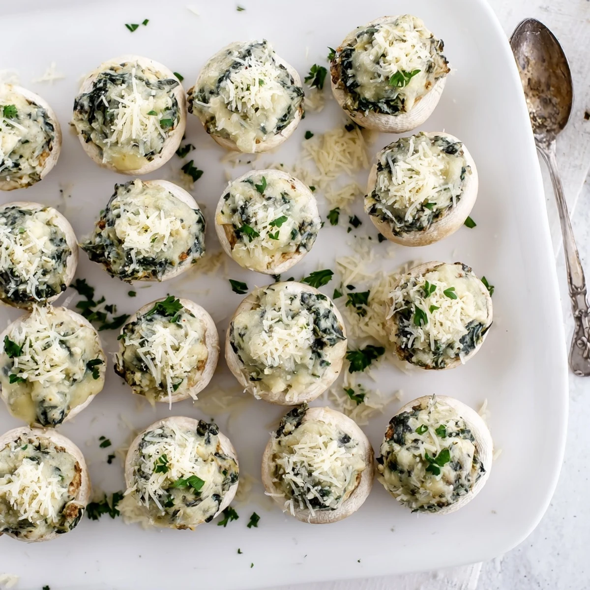 Freshly baked Cheesy Spinach and Artichoke Stuffed Mushrooms garnished with parsley, served warm as a party appetizer.