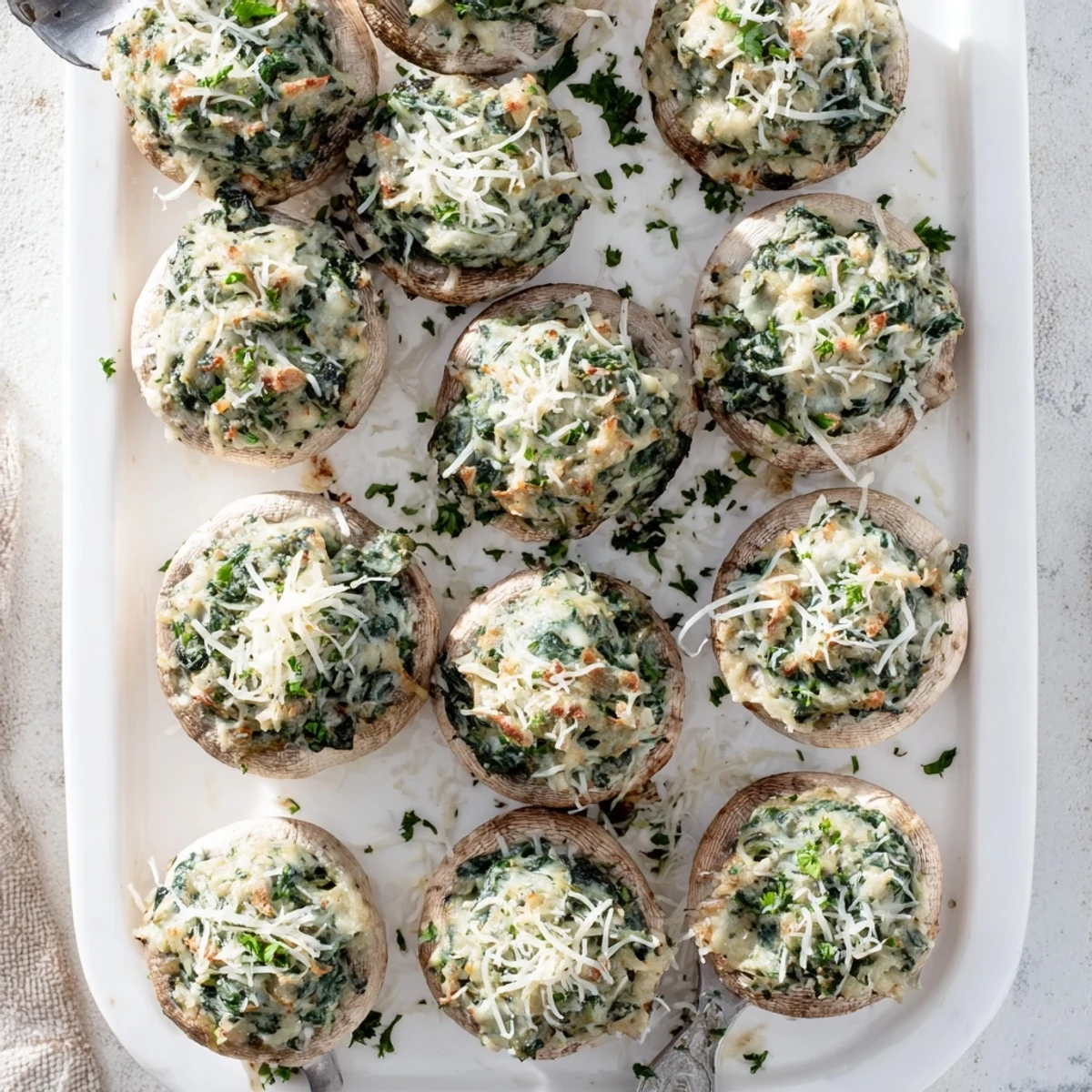 Close-up of Cheesy Spinach and Artichoke Stuffed Mushrooms revealing creamy spinach and artichoke filling inside tender mushroom caps.