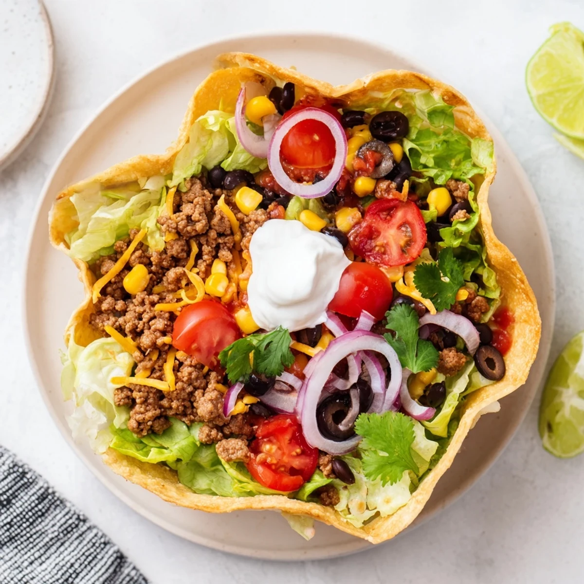 A close-up of a crispy homemade tortilla bowl filled with seasoned ground beef, black beans, corn, and shredded cheddar cheese, topped with sour cream.