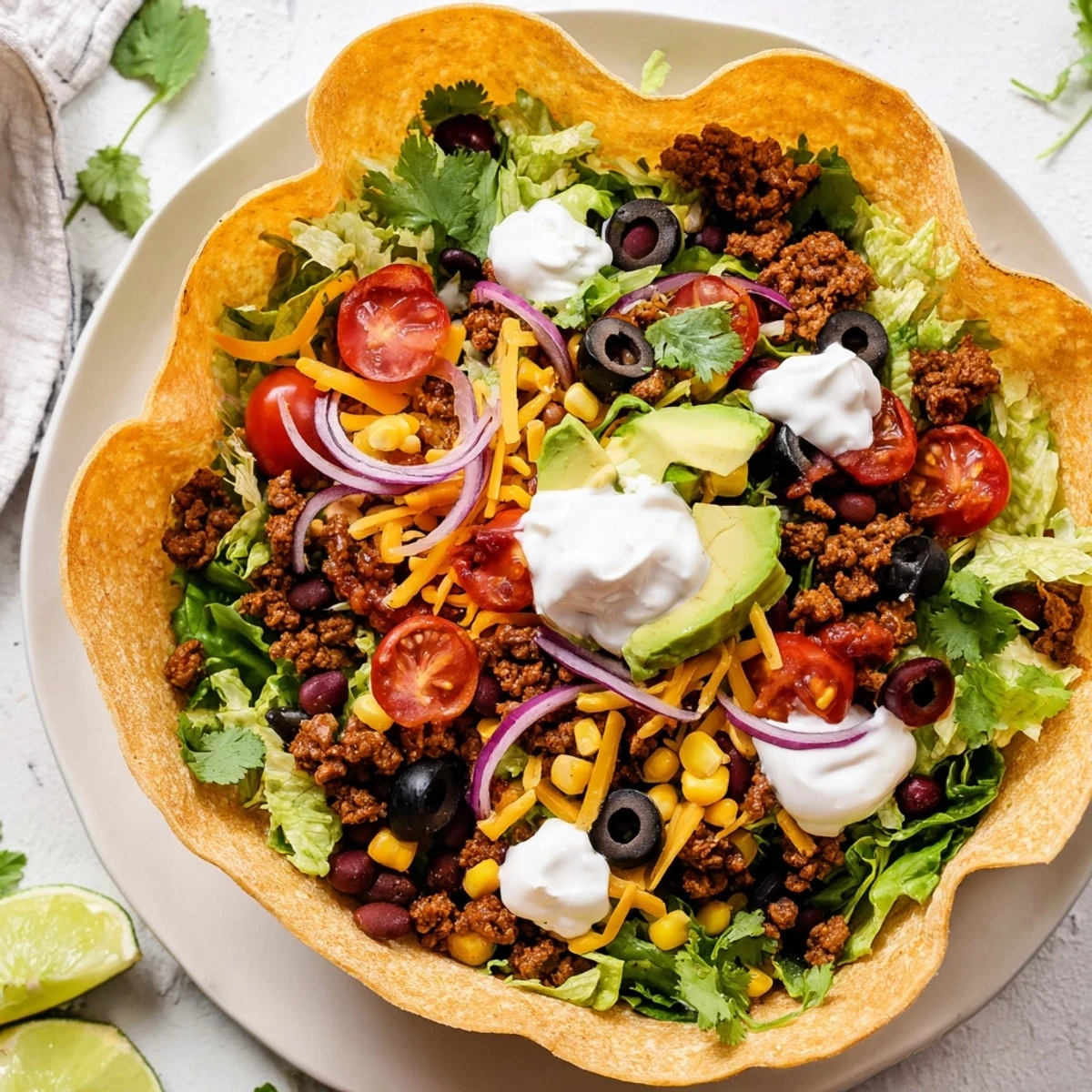 Fresh cilantro and lime wedges garnish a hearty Beef Taco Salad with Homemade Tortilla Bowl, served with a side of salsa and creamy sour cream.
