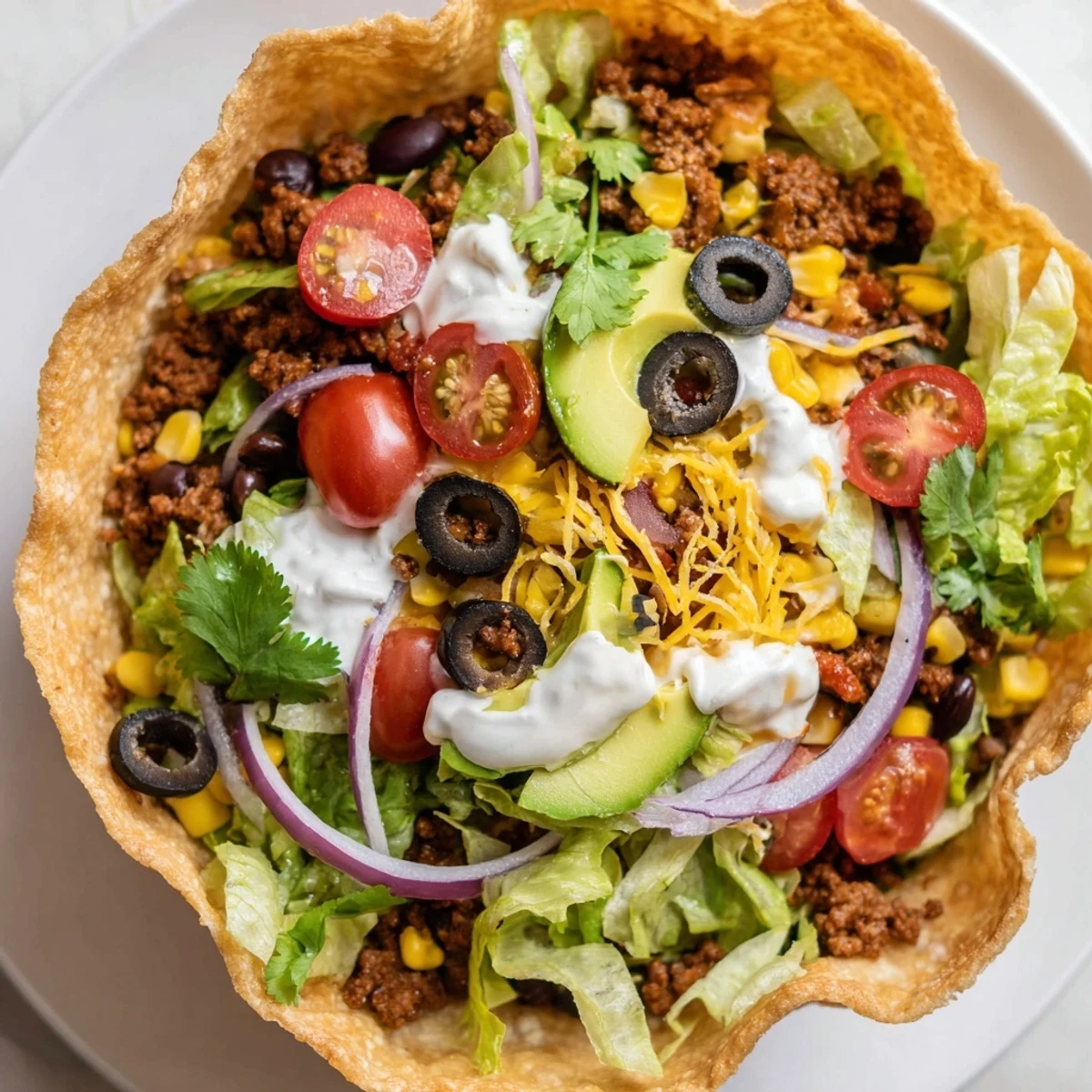 A vibrant Beef Taco Salad with Homemade Tortilla Bowl features fresh romaine, diced avocado, cherry tomatoes, and black olives on a golden baked shell.