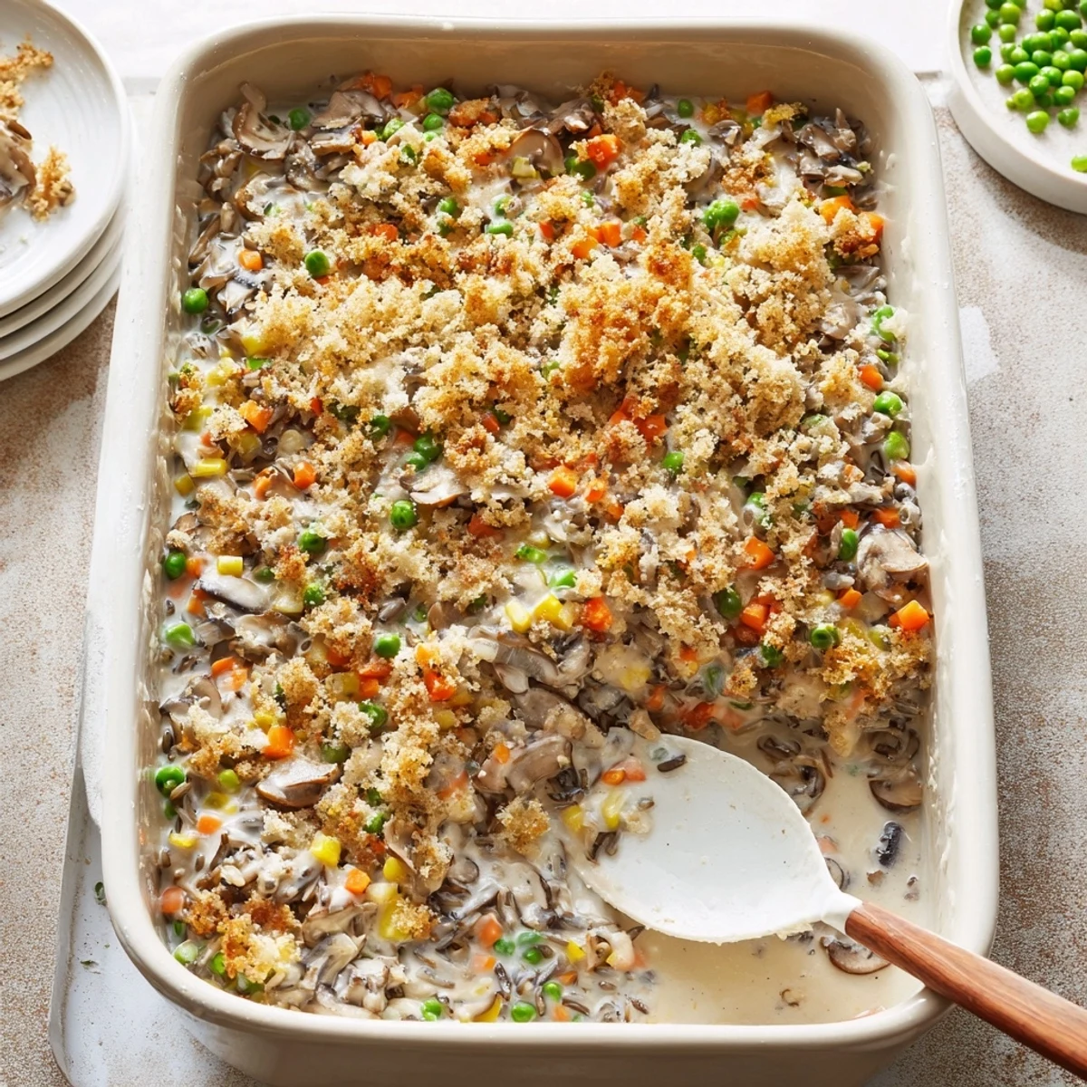 A close-up of Creamy Mushroom and Wild Rice Casserole showing tender rice, earthy mushrooms, and a crunchy panko topping.