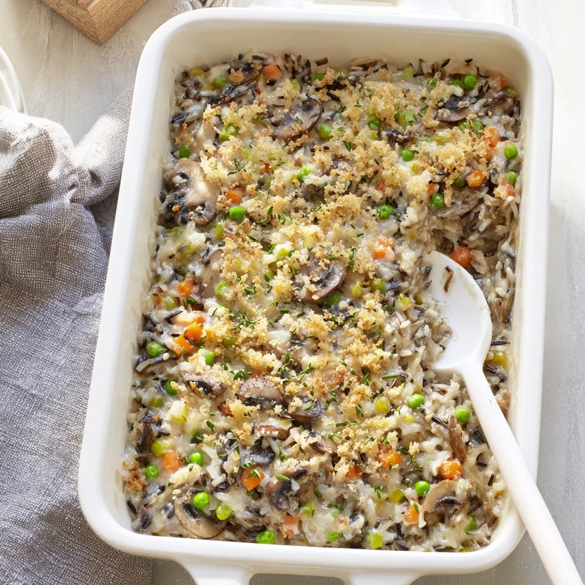 Golden-brown, bubbling Creamy Mushroom and Wild Rice Casserole fresh from the oven, served in a white dish with a wooden spoon.