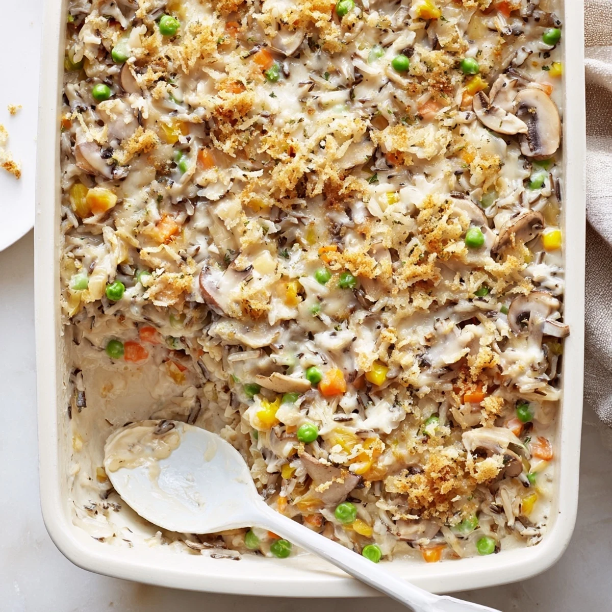 Steaming Creamy Mushroom and Wild Rice Casserole in a baking dish, garnished with fresh thyme for a cozy vegetarian dinner.