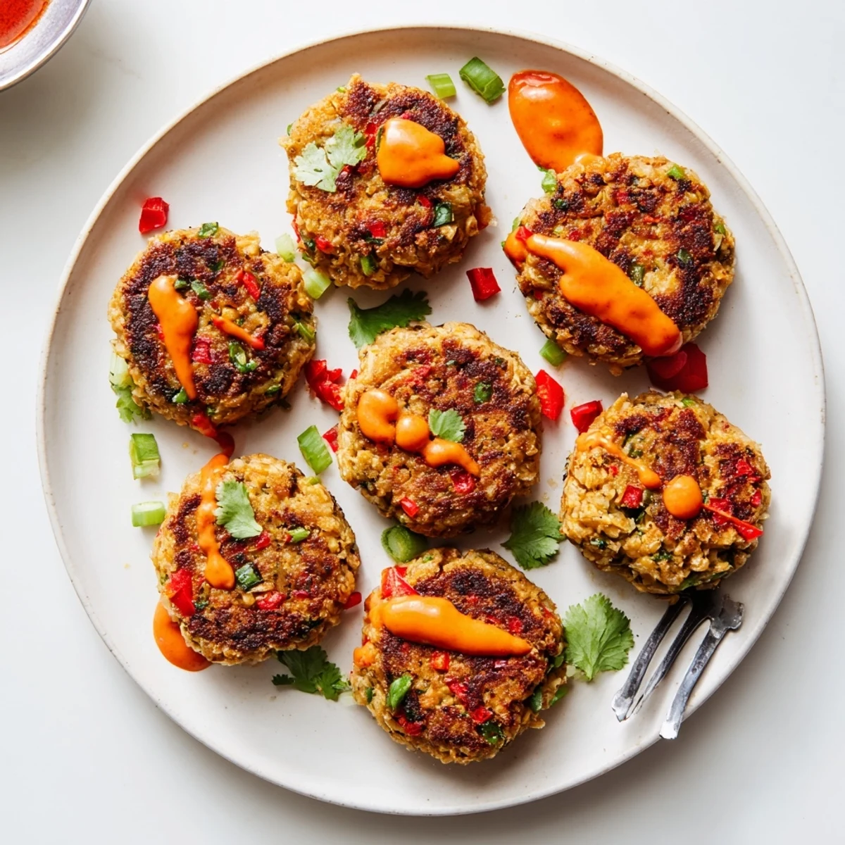 Eight golden-brown Spicy Tuna Cakes with Sriracha Mayo are arranged on a white plate, showcasing their crispy exterior and tender interior.