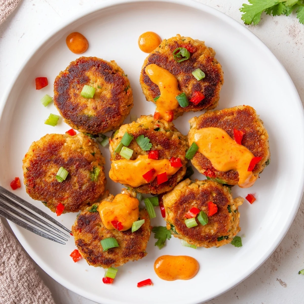 A close-up view of Spicy Tuna Cakes with Sriracha Mayo reveals a crunchy panko crust and flaky tuna texture, drizzled with creamy sauce.