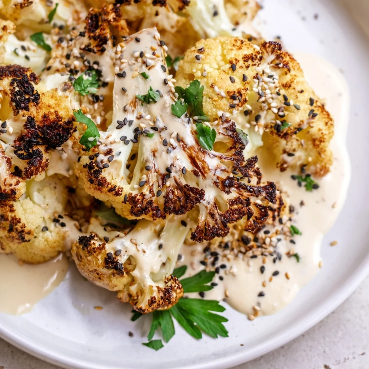 Whole Roasted Cauliflower with Tahini Drizzle sits golden-brown on a platter, garnished with fresh parsley and sesame seeds.