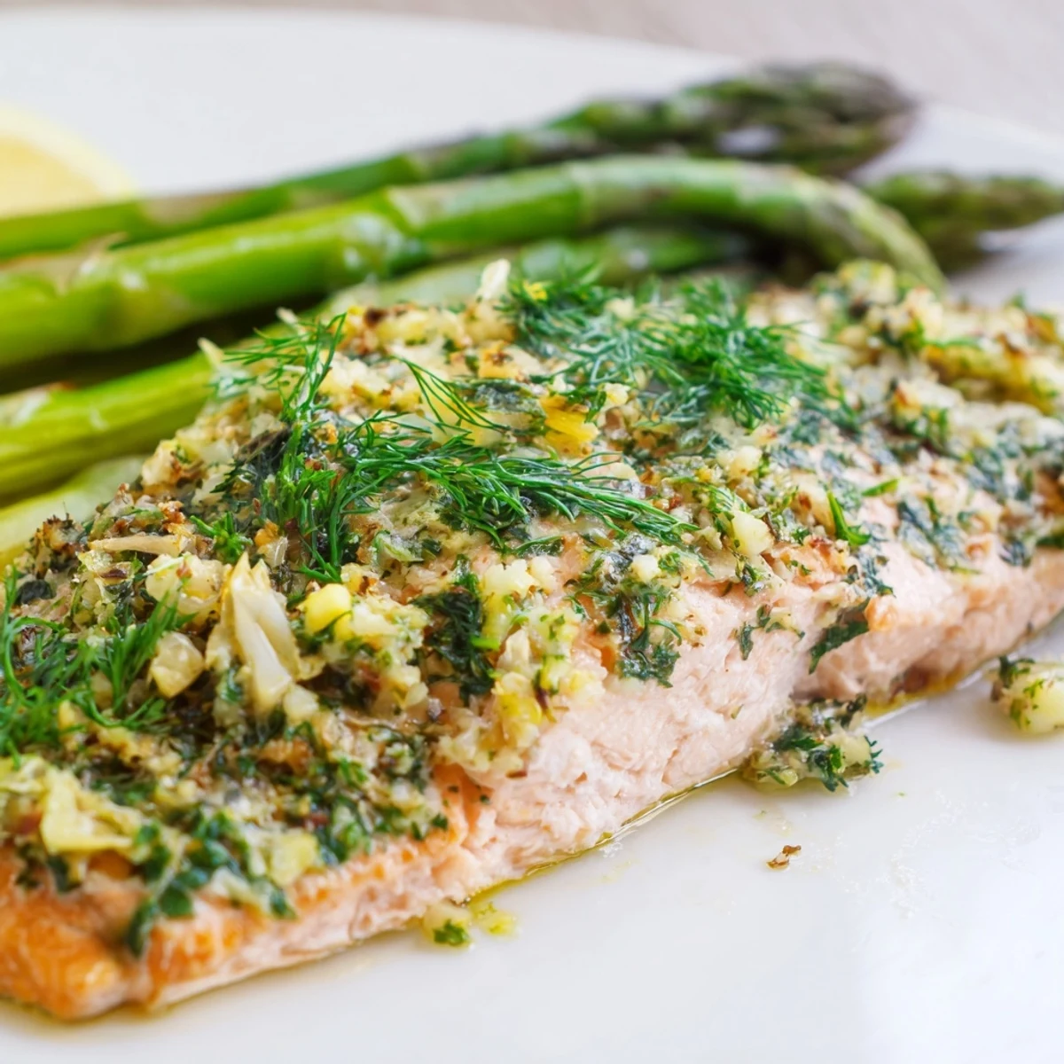 Freshly baked Lemon Garlic Butter Salmon and asparagus with lemon slices and herbs on a plate.