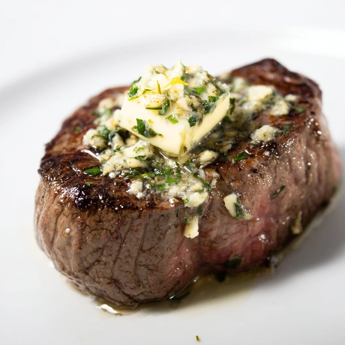 Golden-brown seared filet mignon topped with melting garlic herb butter, served on a white plate with asparagus.
