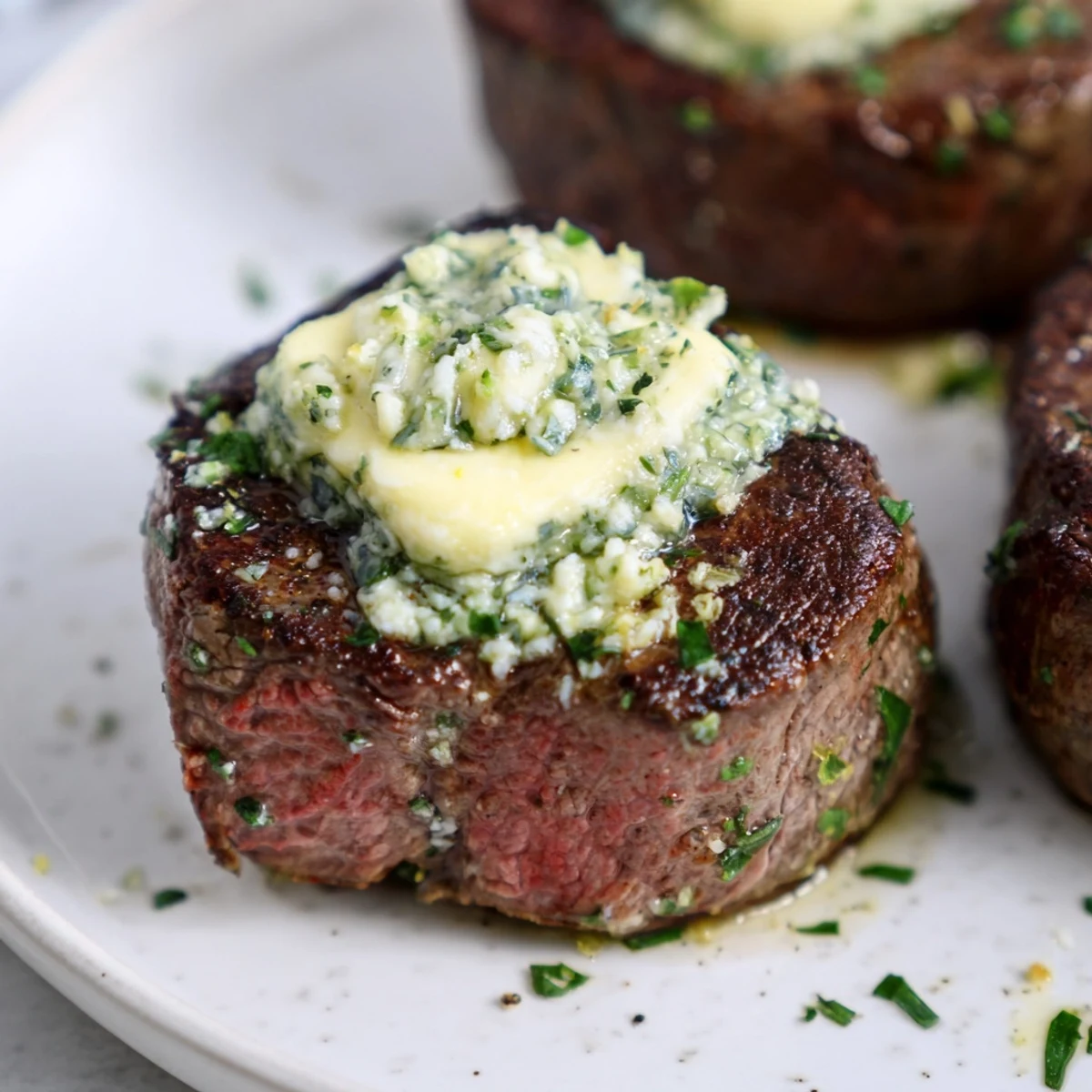 A romantic filet mignon with garlic herb butter, resting after cooking to lock in juices and flavor.