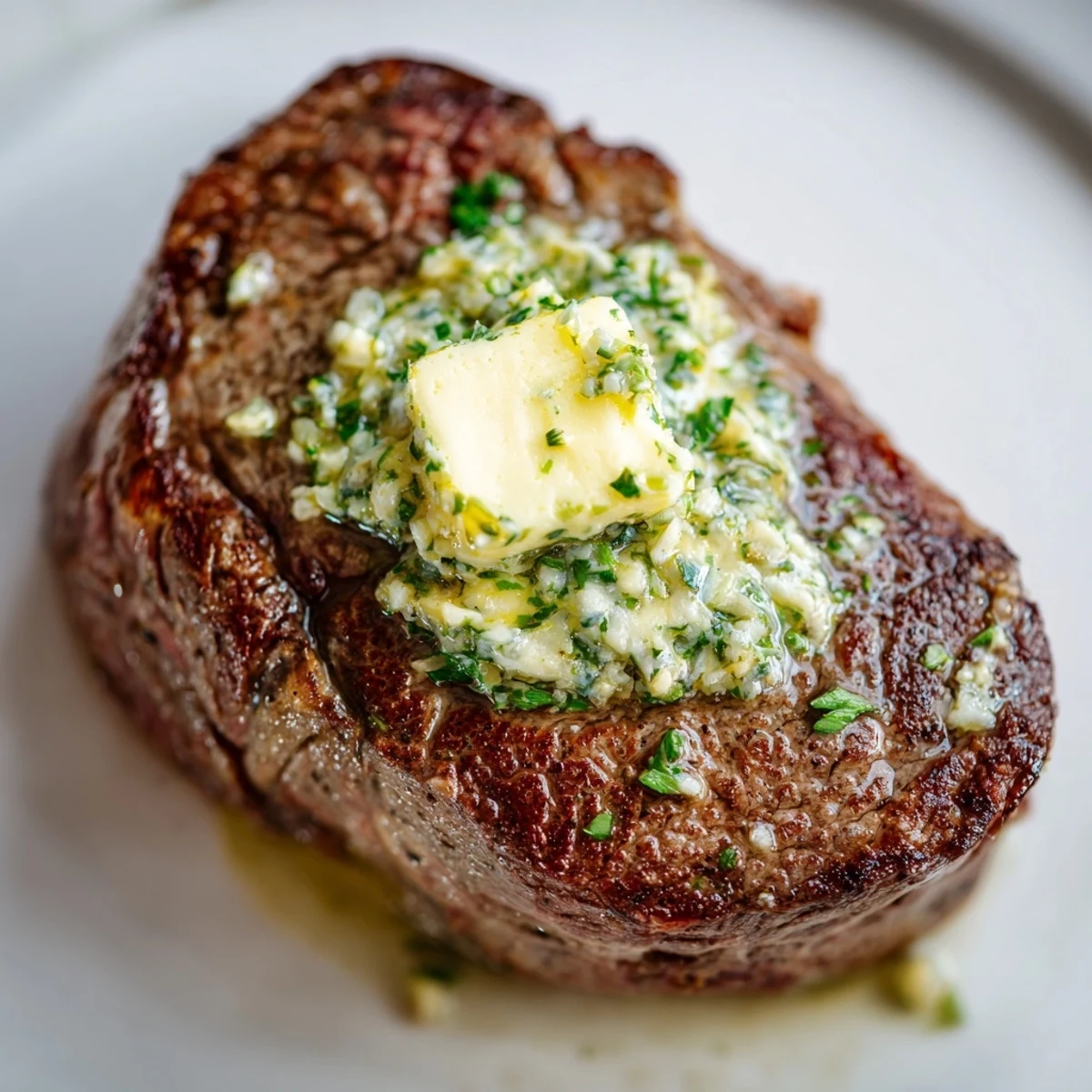 Tender filet mignon with garlic herb butter, sliced to reveal a perfect pink center, alongside roasted potatoes.