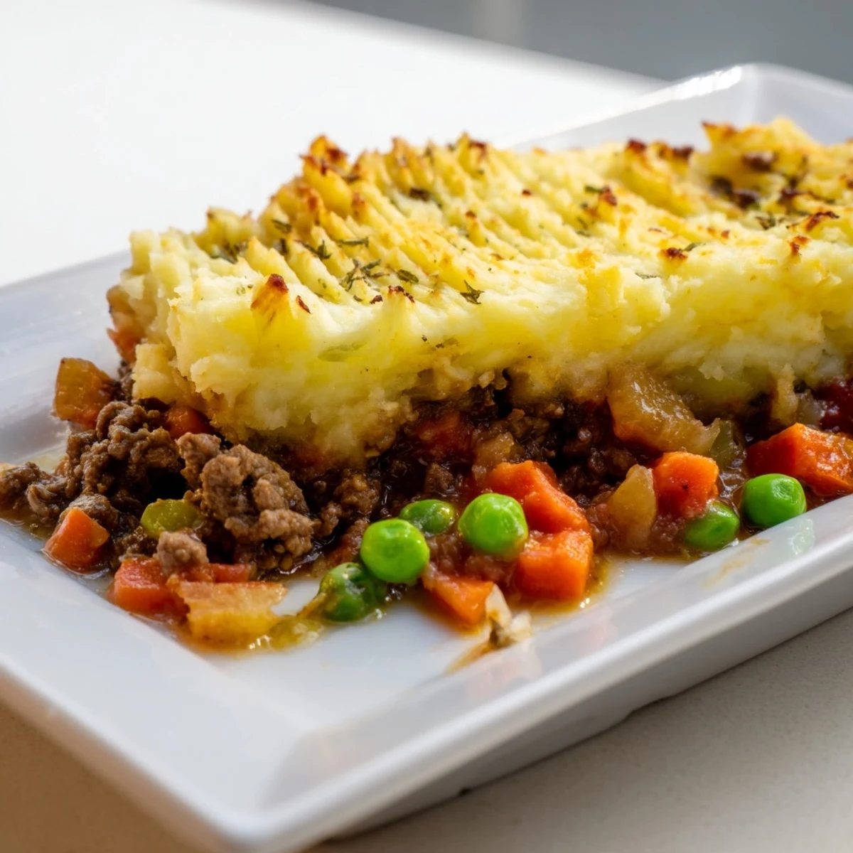 Golden-brown St. Patricks Day Shepherds Pie with lamb bubbling from the oven, featuring creamy mashed potato peaks over a hearty vegetable filling.