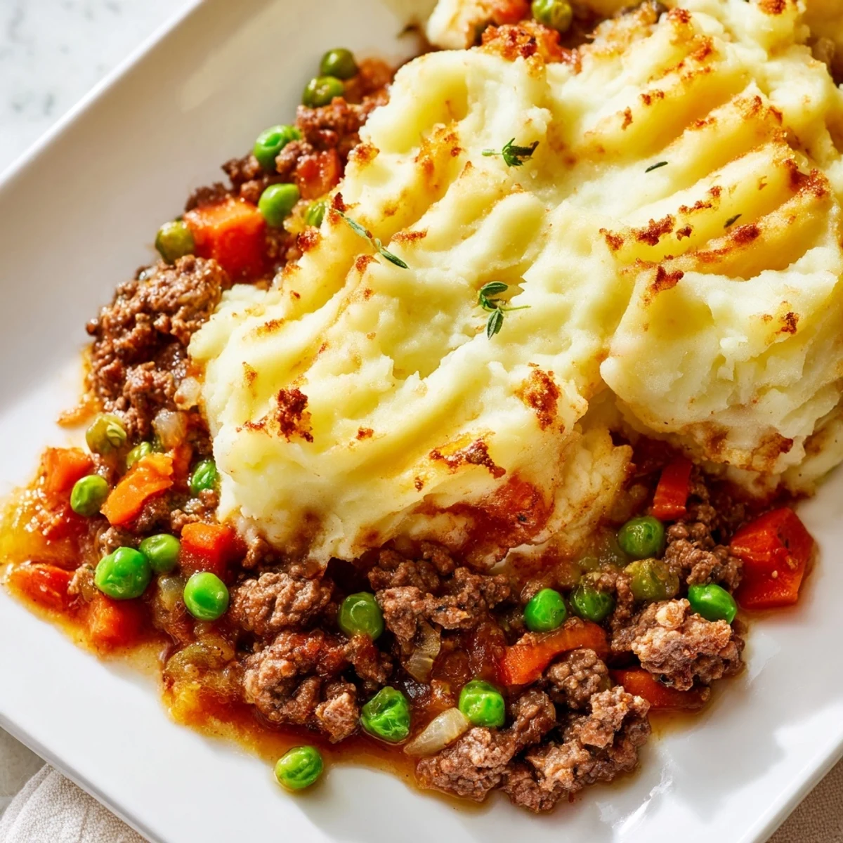 Savory St. Patricks Day Shepherds Pie with lamb, served in a rustic dish with fork-marked potatoes and fresh parsley garnish.