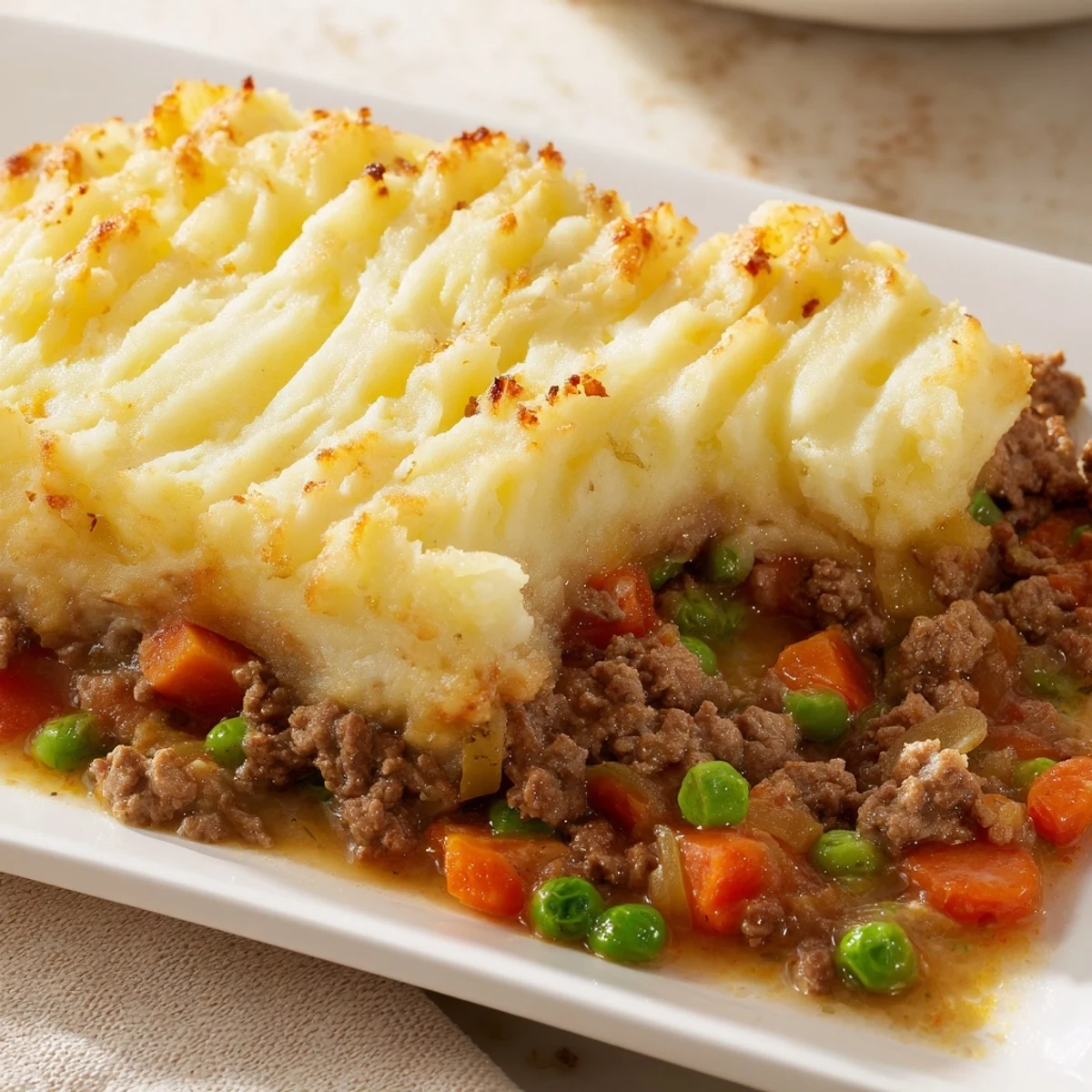 A comforting slice of St. Patricks Day Shepherds Pie with lamb, revealing tender meat and peas beneath a fluffy, golden potato topping.