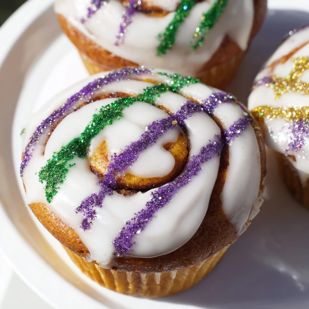 Vanilla Mardi Gras King Cake Cupcakes, swirled with cinnamon, glisten under bright icing, ready for anyone to enjoy.