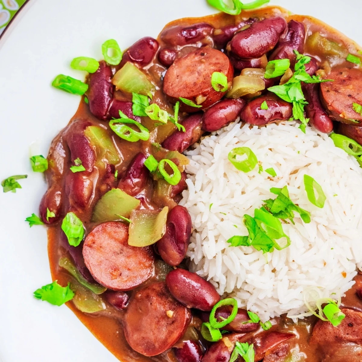 Steaming Louisiana Style Red Beans and Rice in a rustic bowl, the creamy beans and smoky sausage glistening beside fluffy white rice.