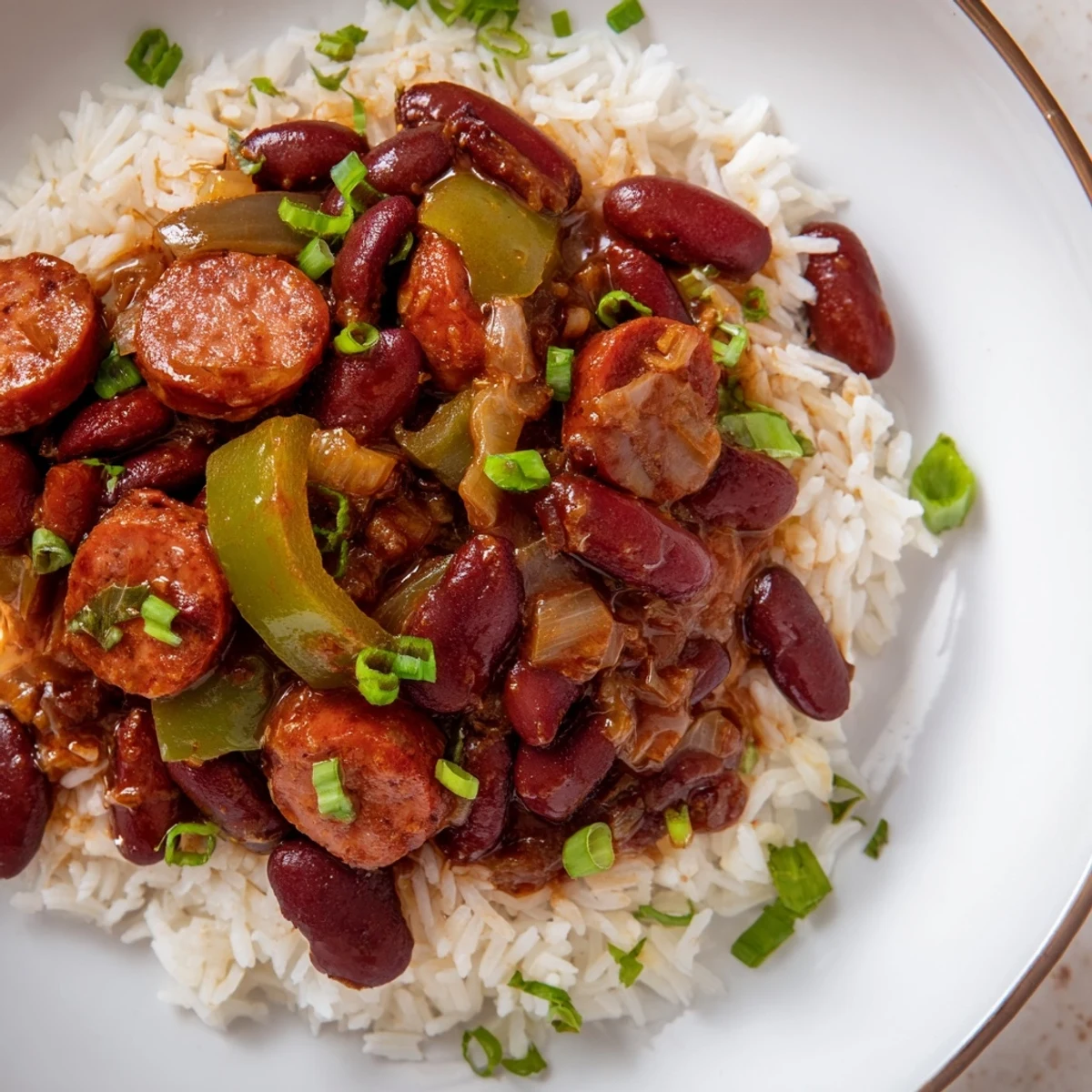 A hearty serving of Louisiana Style Red Beans and Rice, garnished with fresh parsley and green onions, perfect for a cozy dinner.