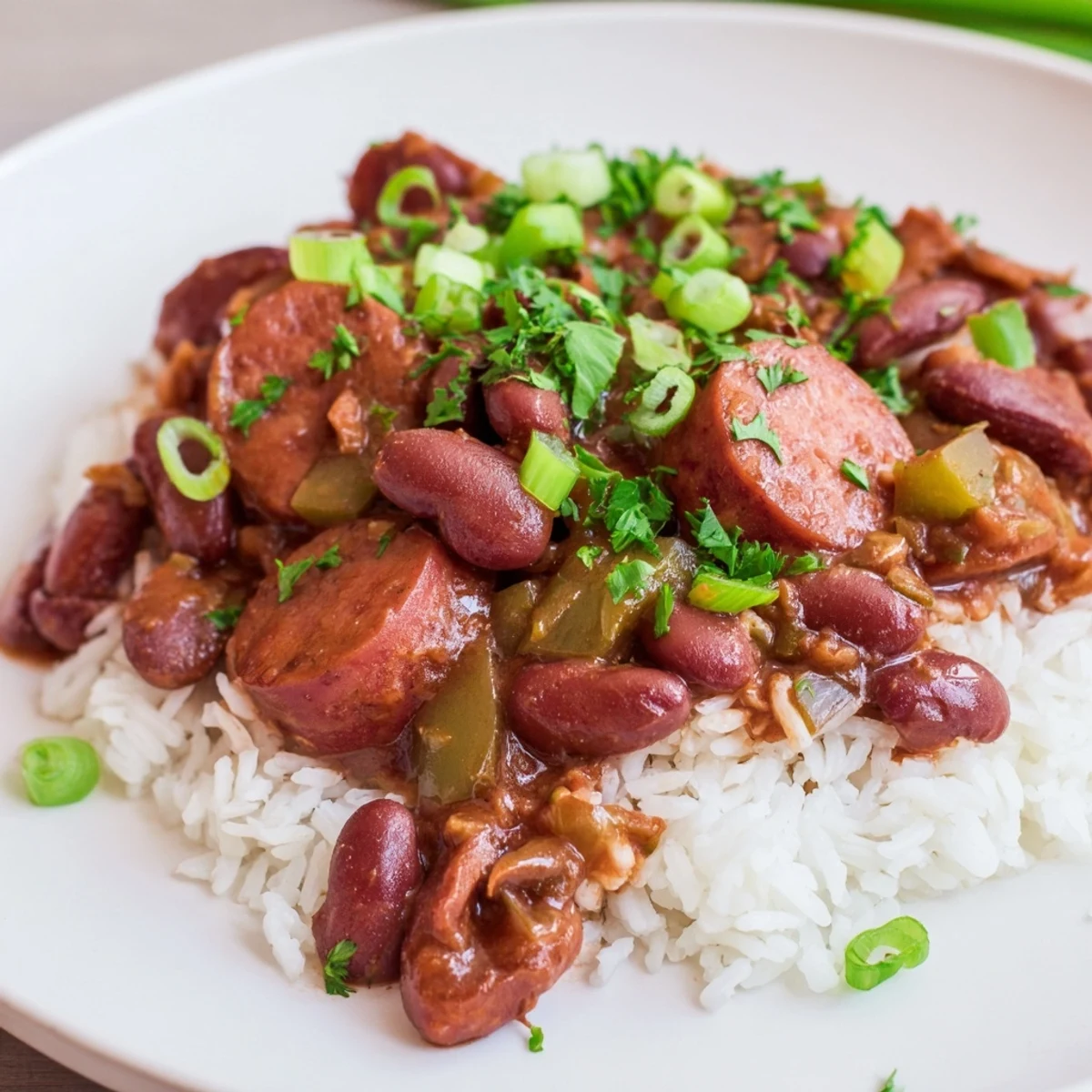 Close-up of Louisiana Style Red Beans and Rice, featuring tender kidney beans, andouille sausage, and aromatic Creole spices over steaming white rice.
